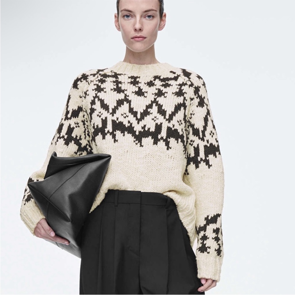 COS Fair Isle Chunky Crewneck Wool Sweater Cream Dark Grey Size XS - Picture 3 of 14